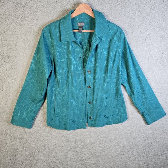 Chicos Additions Teal Textured Button Jacket Size 2 Hip Length Jacquard Workwear - Picture 14 of 16